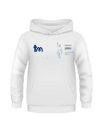 White hoodie with logos on a white background - showing the TeeMemento cricket motif and personalisation