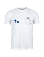 White t-shirt with blue and black graphics on a white background - showing the TeeMemento cricket motif and personalisation