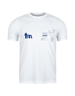 White t-shirt with logos and graphics on a white background - showing the TeeMemento cricket motif and personalisation