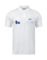 A white polo-shirt with TeeMemento embroidered and personalised message for athletics stars