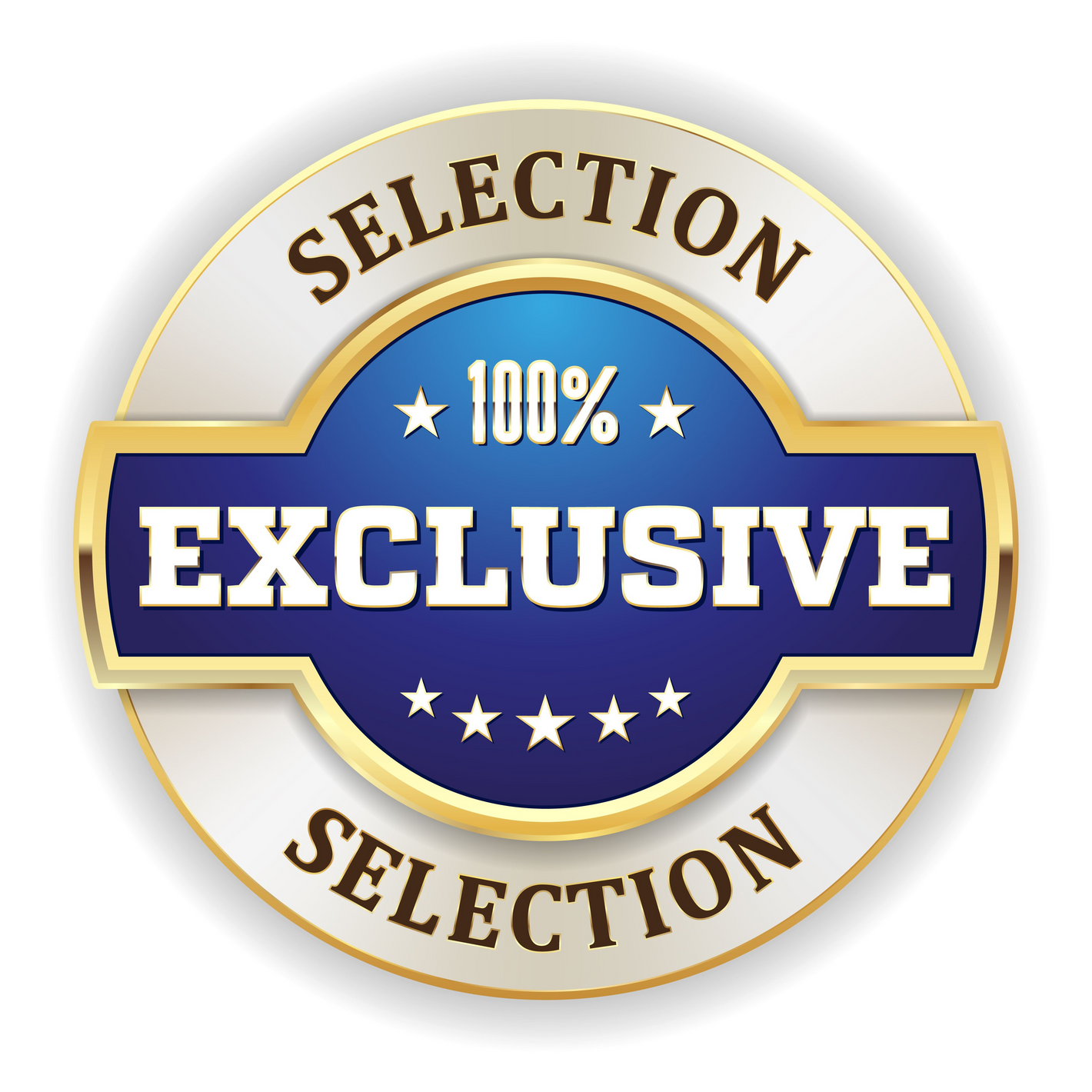 Circular badge with '100% Exclusive Selection' text on a white background