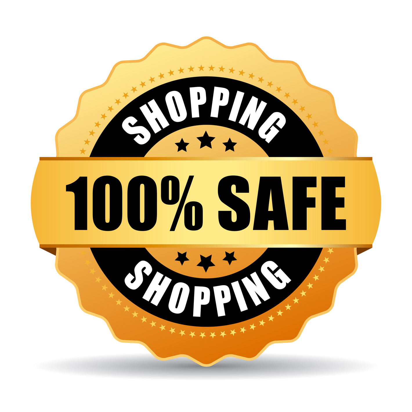 Gold and black badge with '100% Safe Shopping' text on a white background