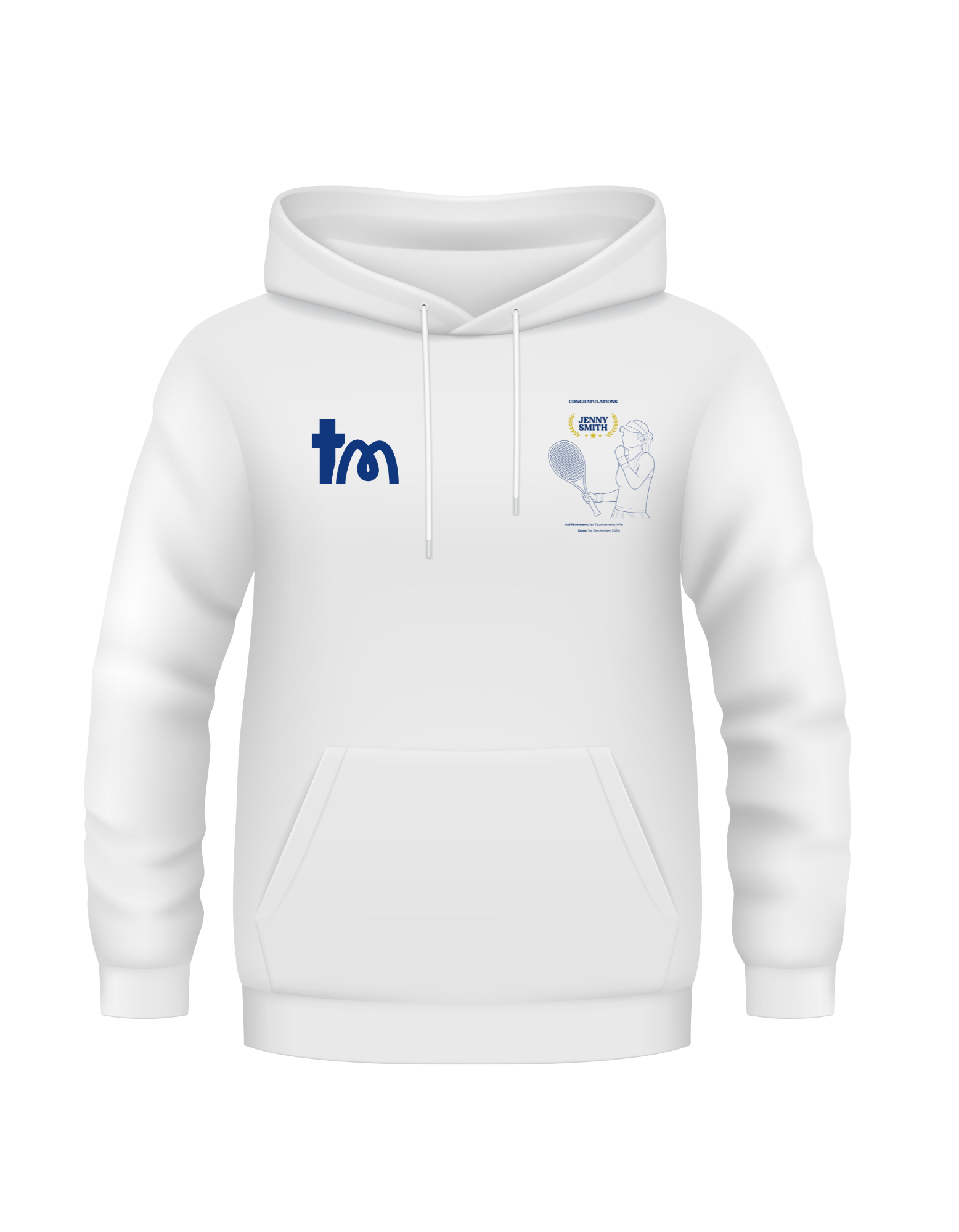White hoodie with logos on a white background showcasing a TeeMemento product