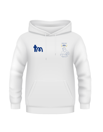 White hoodie with logos on a white background showcasing a TeeMemento product