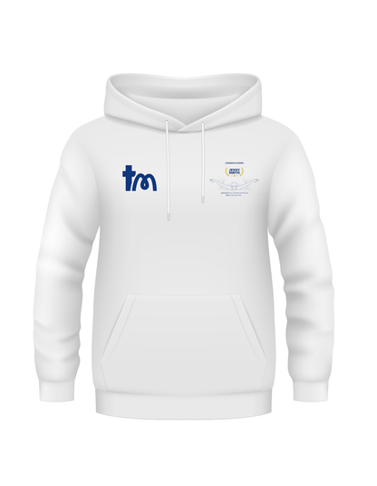 White hoodie with logos on a white background showcasing a TeeMemento product