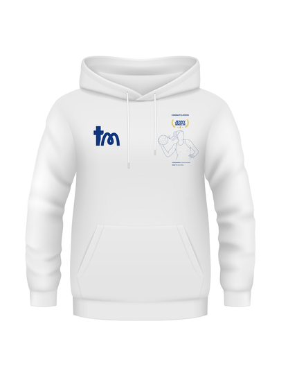 A white hoodie showcasing a TeeMemento product