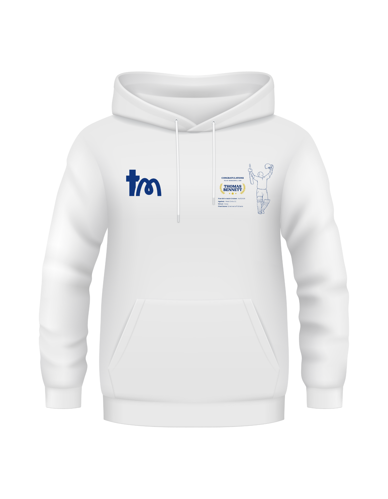 White hoodie with logos on a white background - showing the TeeMemento cricket motif and personalisation