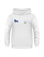 White hoodie with branding and text on a white background - showing the TeeMemento athletics motif and personalisation