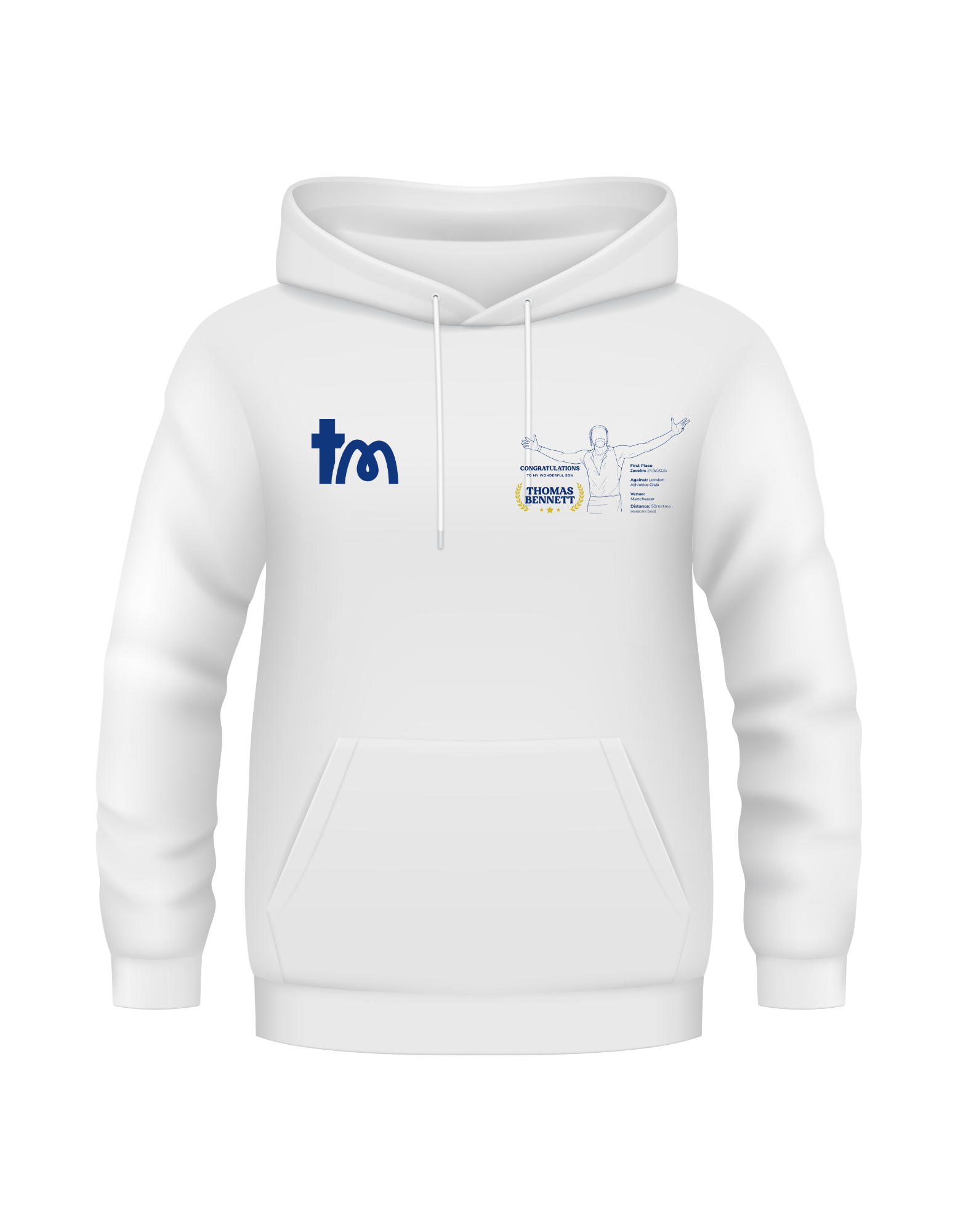 White hoodie with branding and text on a white background - showing the TeeMemento athletics motif and personalisation