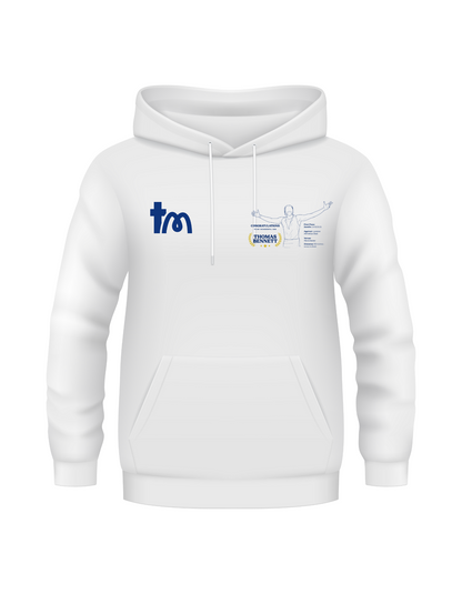 White hoodie with branding and text on a white background - showing the TeeMemento athletics motif and personalisation
