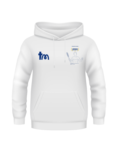 White hoodie with logos on a white background showcasing a TeeMemento product