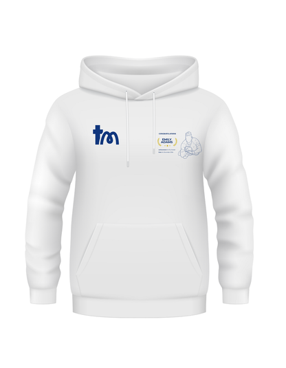 White hoodie with logos on a white background showcasing a TeeMemento product