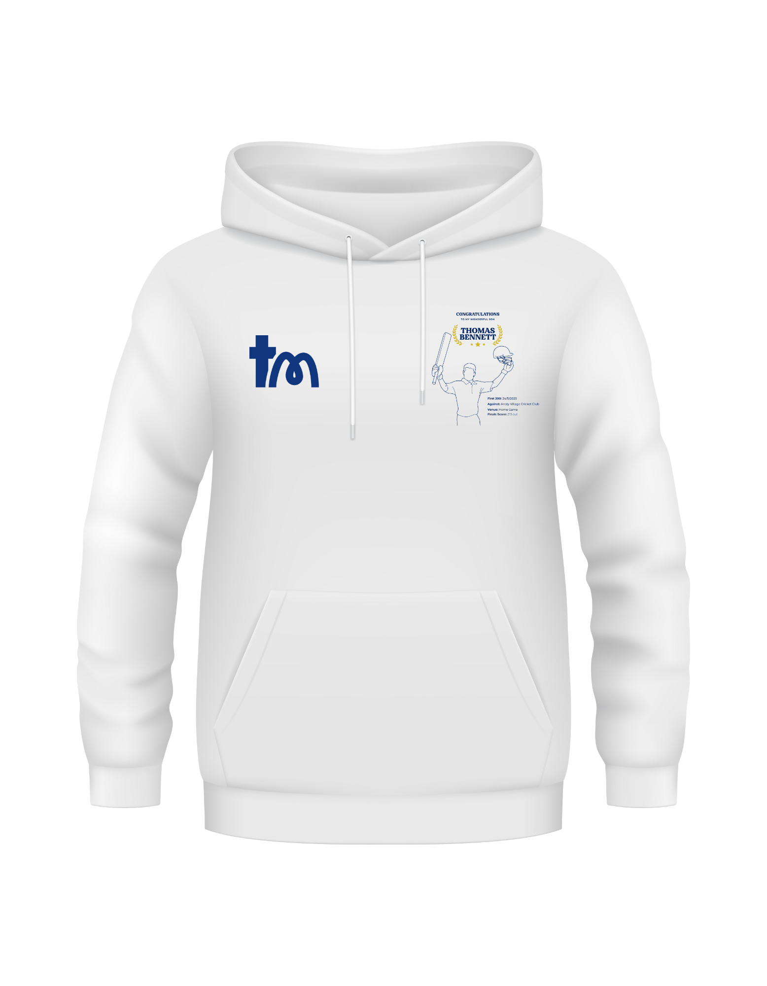 White hoodie with logos on a white background - showing the TeeMemento cricket motif and personalisation
