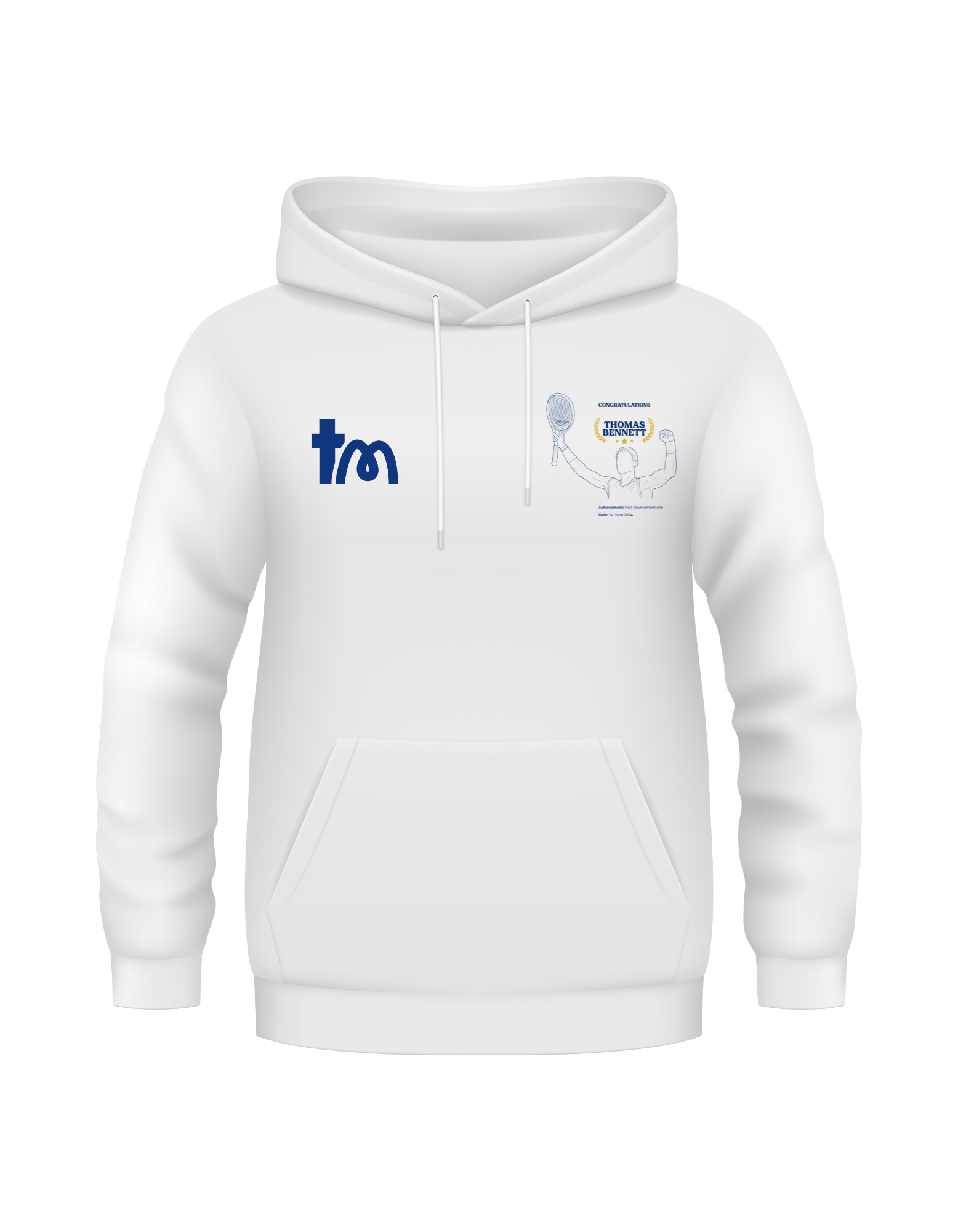 White hoodie with blue logo and text on a white background showcasing a TeeMemento product 