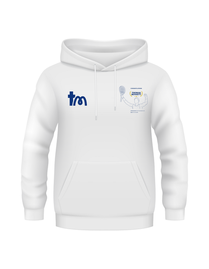 White hoodie with blue logo and text on a white background showcasing a TeeMemento product 