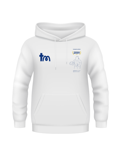White hoodie with logos on a white background showcasing a TeeMemento product
