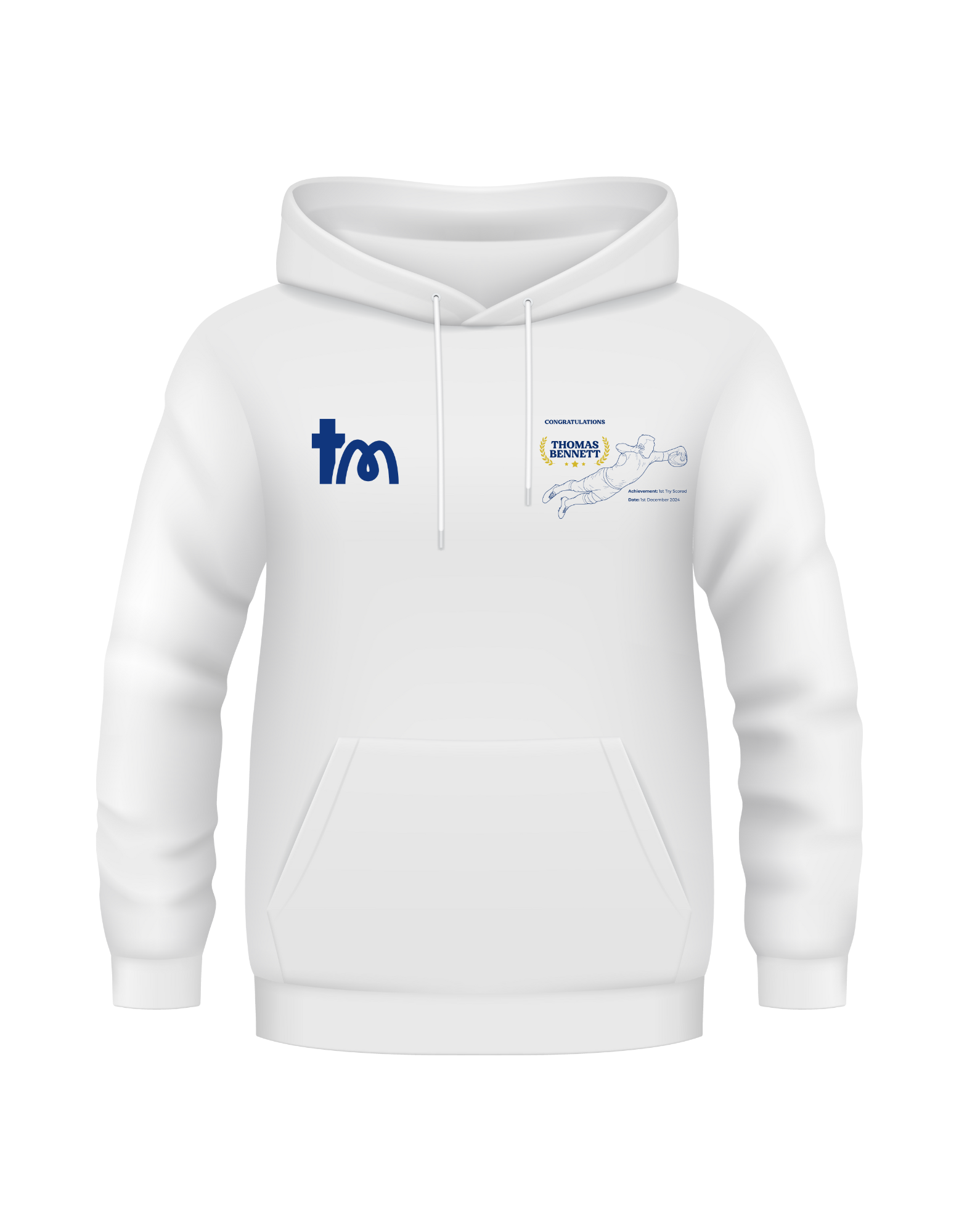 White hoodie with logos on a white background showcasing a TeeMemento product