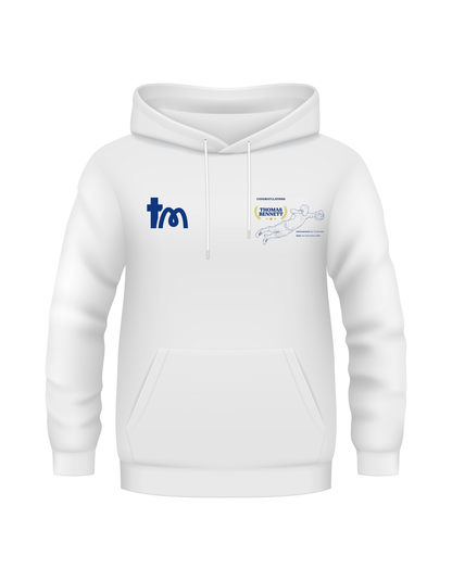 White hoodie with logos on a white background showcasing a TeeMemento product