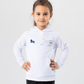 A young girl wearing white hoodie with TeeMemento embroidered and personalised message for athletics stars