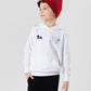 A young boy wearing a white hoodie with TeeMemento embroidered and personalised message for athletics stars