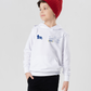 Child wearing a white hoodie with logos and a red beanie on a light gray background - showing the TeeMemento athletics motif and personalisation