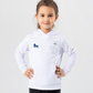 A young girl wearing a white hoodie showcasing a TeeMemento product 