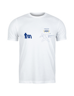 A white t-shirt with TeeMemento embroidered and personalised message for athletics stars