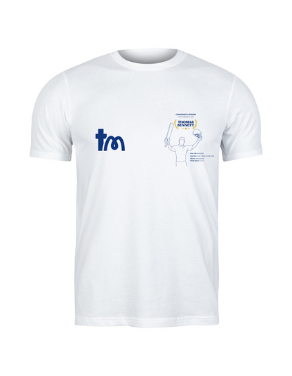 White t-shirt with blue and black graphics on a white background - showing the TeeMemento cricket motif and personalisation