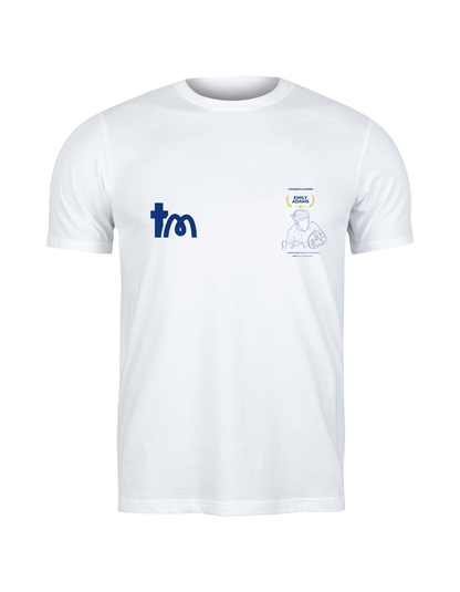 White t-shirt with blue logo and text on a white background showcasing a TeeMemento product