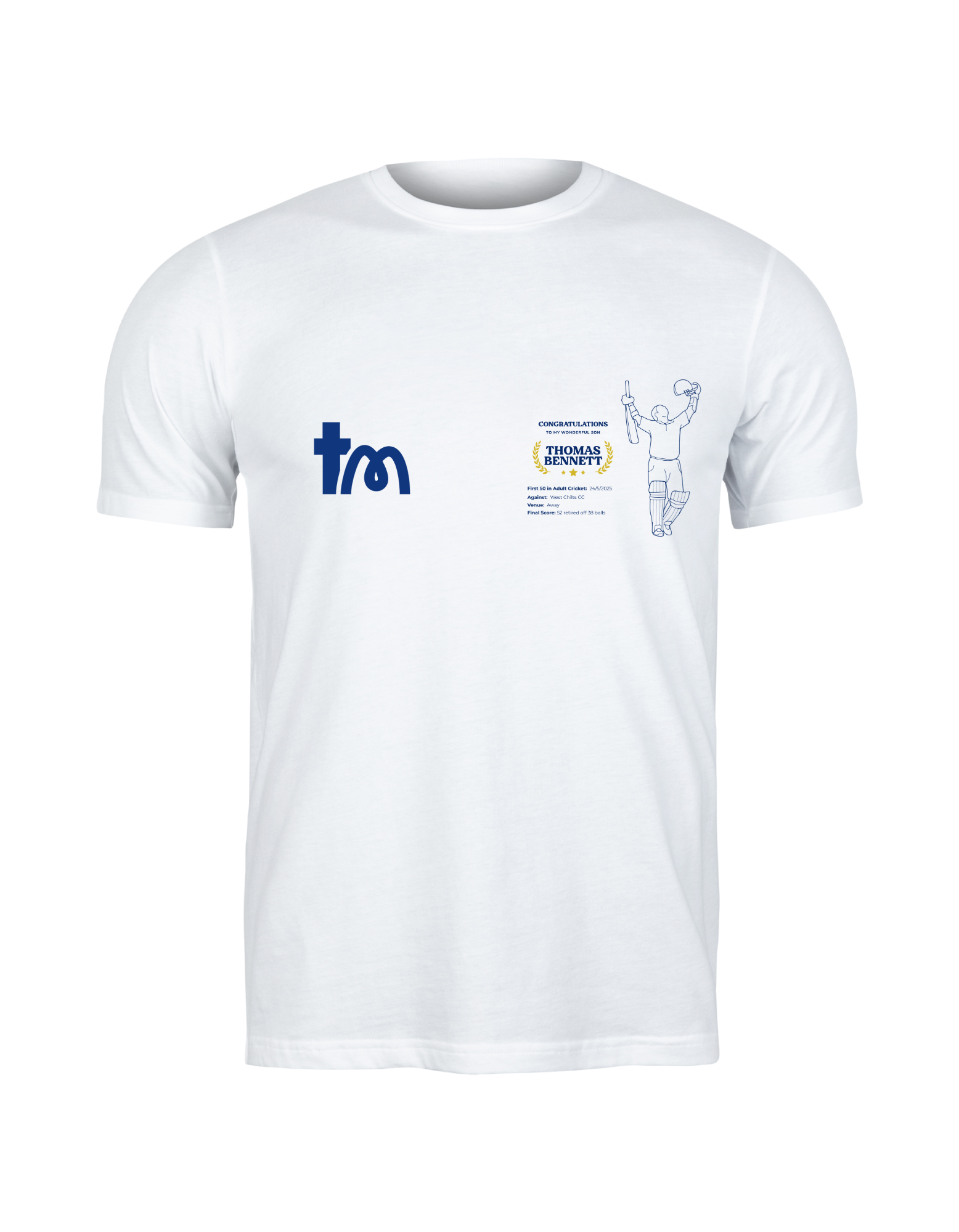 White t-shirt with logos and graphics on a white background - showing the TeeMemento cricket motif and personalisation