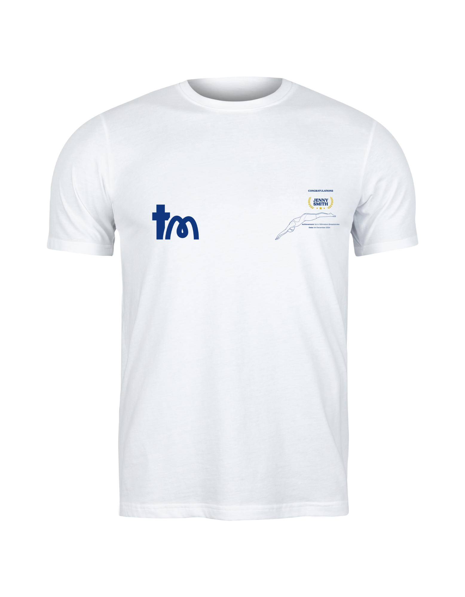 White t-shirt with blue logo on a white background showcasing a TeeMemento product