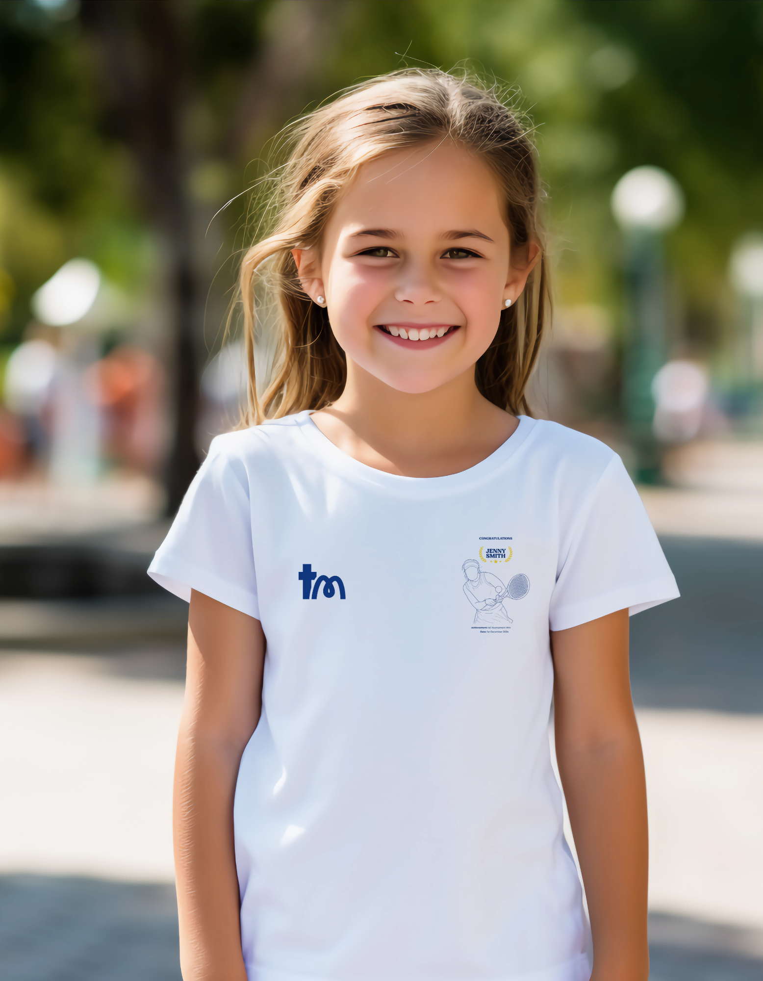 Young girl wearing a white t-shirt with logos outdoors showcasing a TeeMemento product 