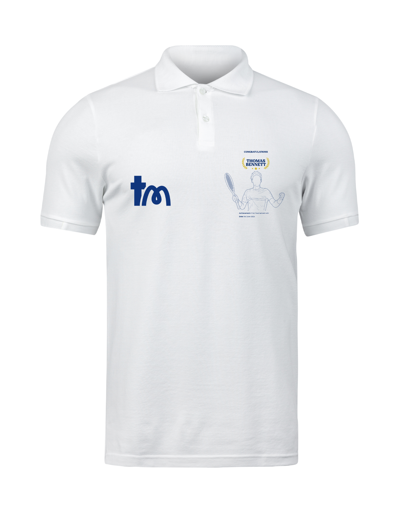 White polo shirt with logos on a white background showcasing a TeeMemento product