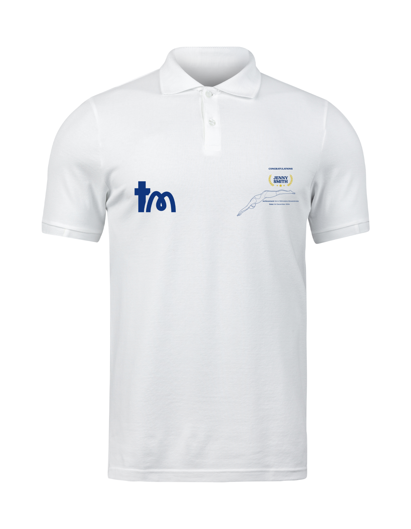 White polo shirt with blue logo on a white background showcasing a TeeMemento product