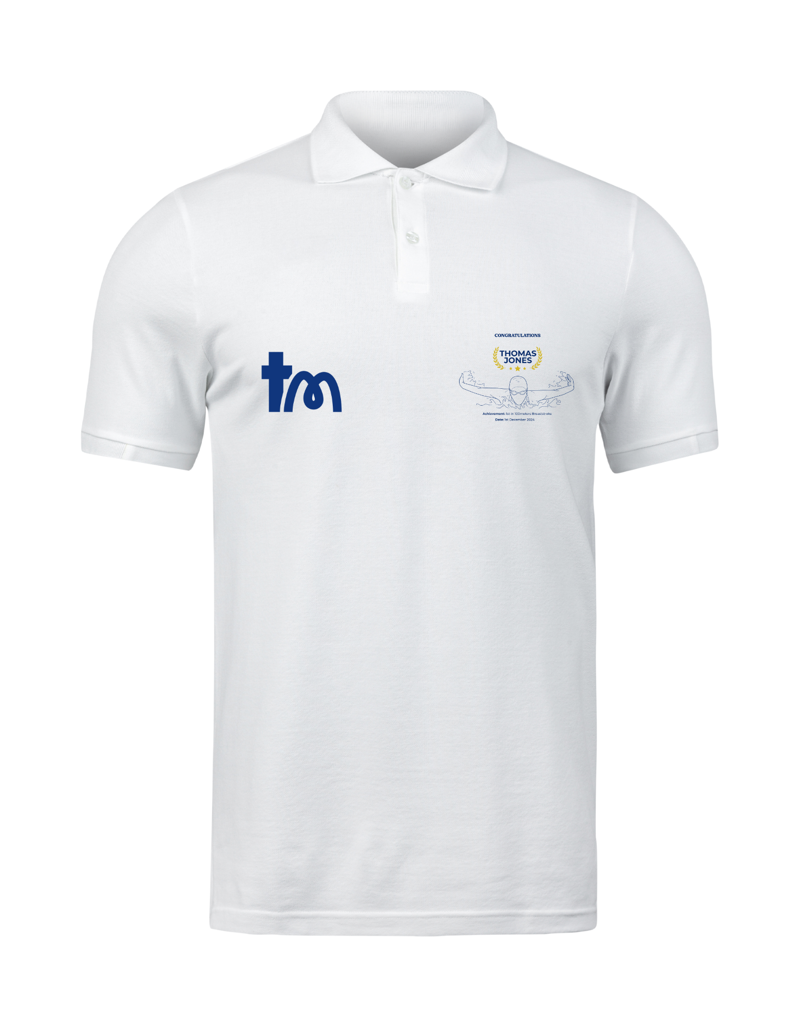 White polo shirt with logos on a white background showcasing a TeeMemento product