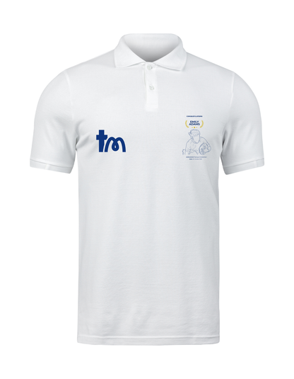 White polo shirt with logos on a white background showcasing a TeeMemento product