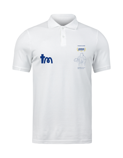 White polo shirt with logos on a white background showcasing a TeeMemento product