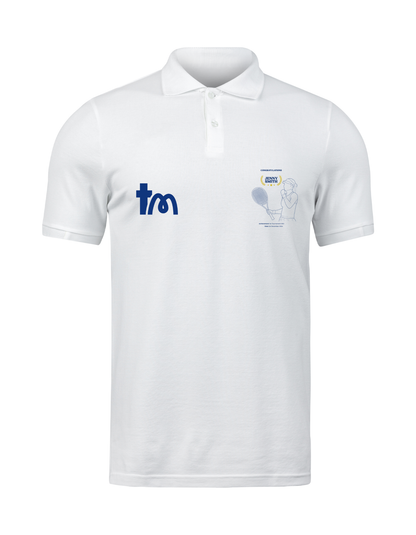 White polo shirt with logos on a white background showcasing a TeeMemento product