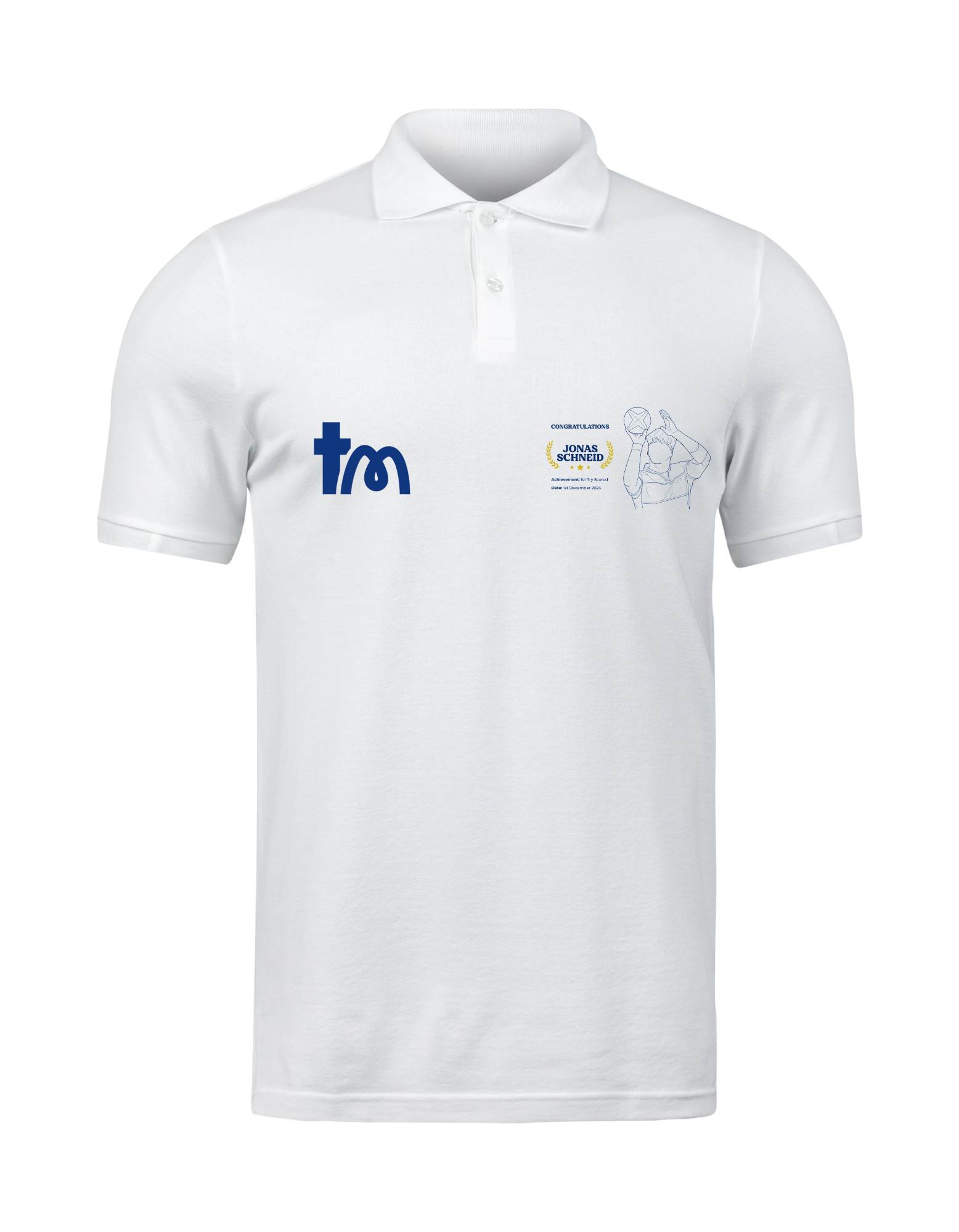 White polo shirt with logos on a white background showcasing a TeeMemento product