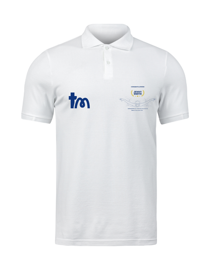 White polo shirt with a blue logo on a white background showcasing a TeeMemento product