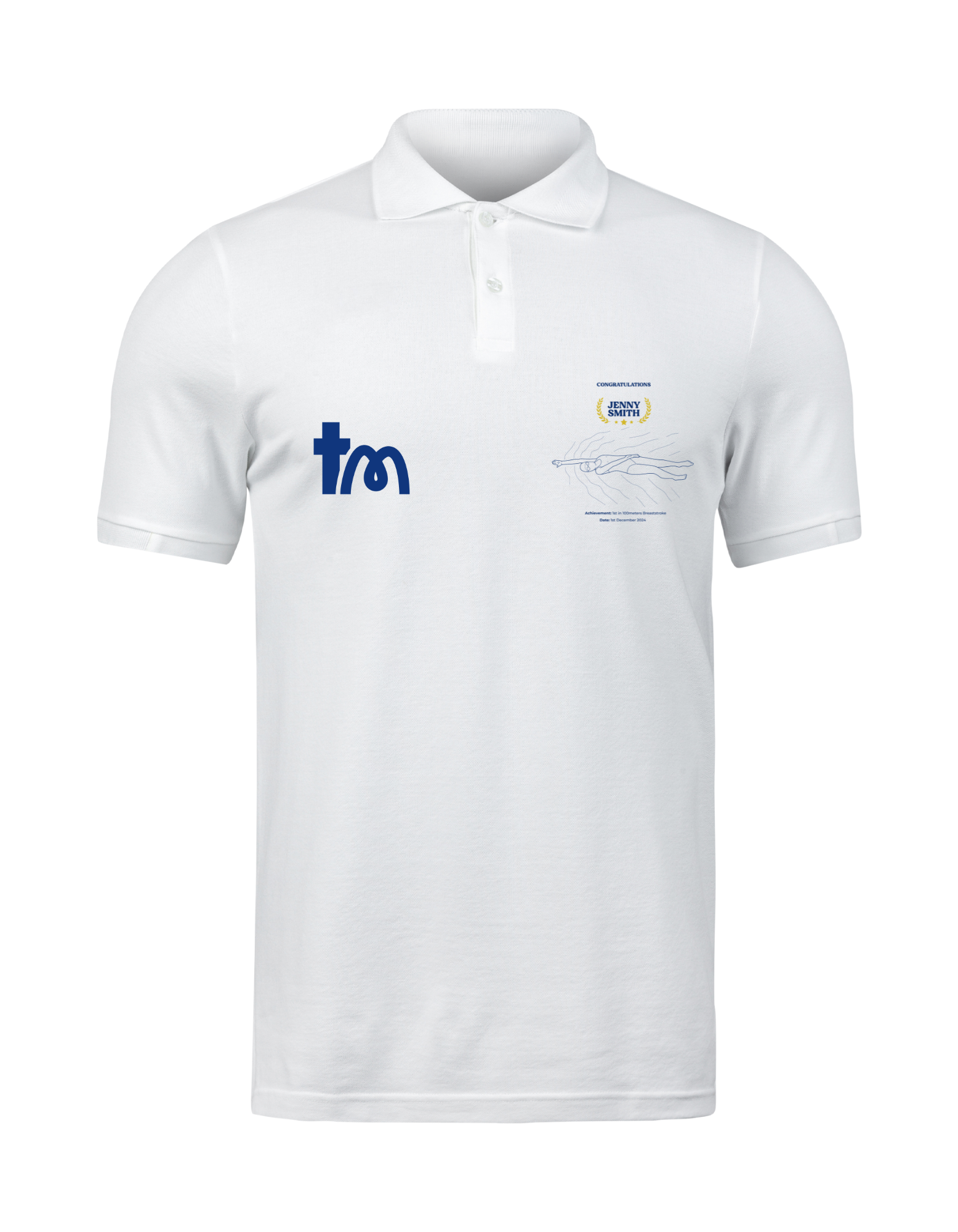 White polo shirt with logos on a white background showcasing a TeeMemento product