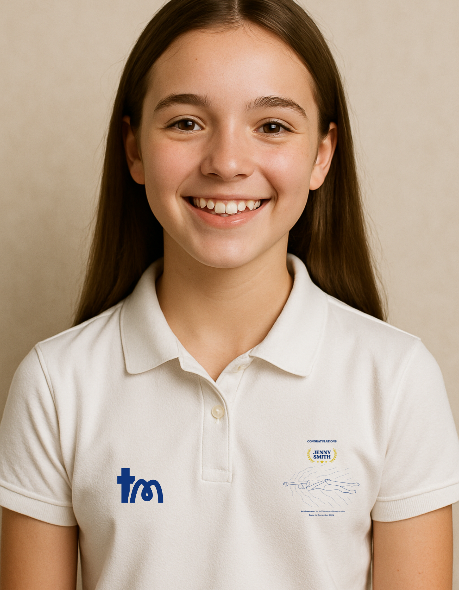 Young girl wearing a white polo shirt with logos on a beige background showcasing a TeeMemento product