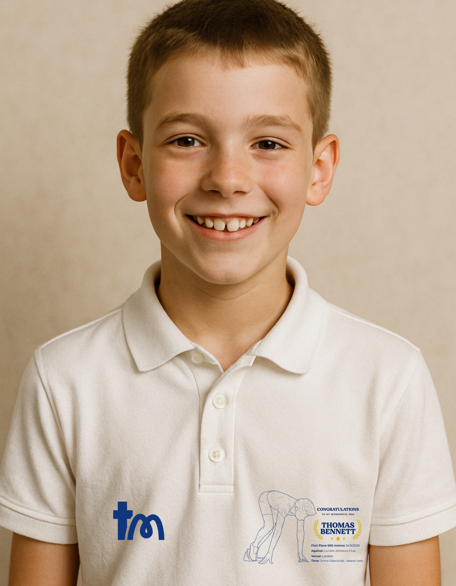 A young boy wearing a white polo shirt with TeeMemento embroidered and personalised message for athletics stars