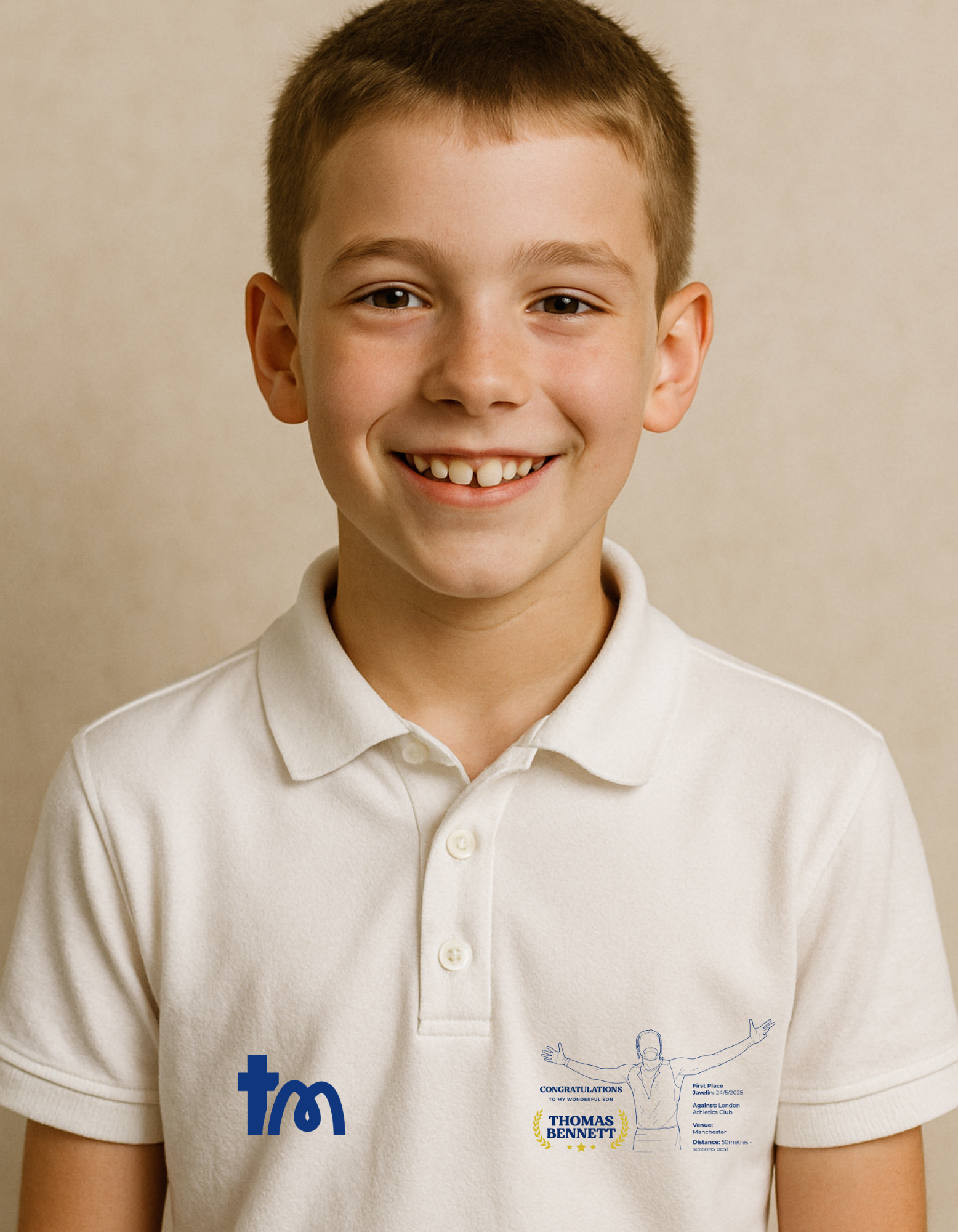 Young boy wearing a white polo shirt with logos on a beige background - showing the TeeMemento cricket motif and personalisation