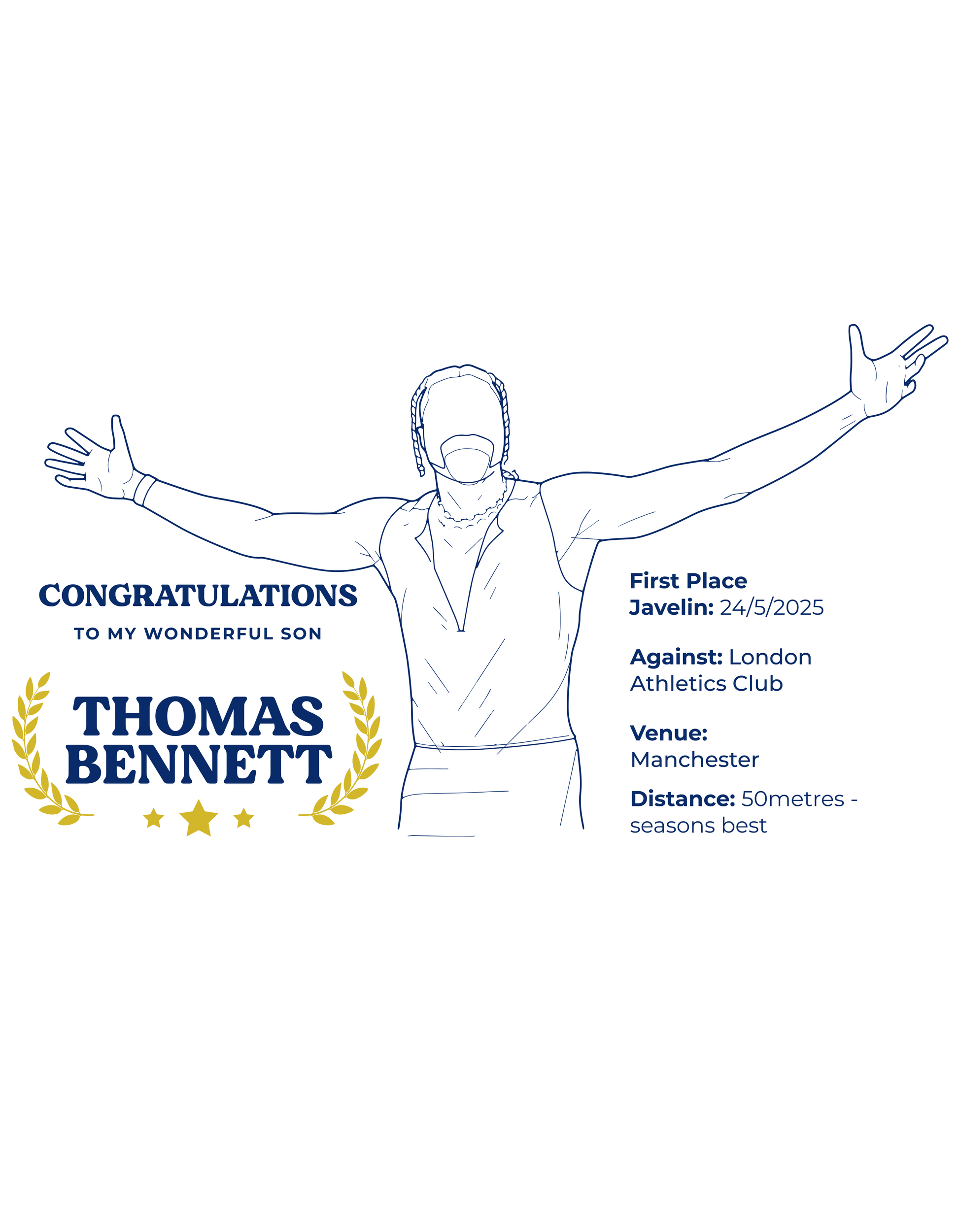 Line drawing of a javelin thrower with event details on a white background - showing the TeeMemento athletics motif and personalisation