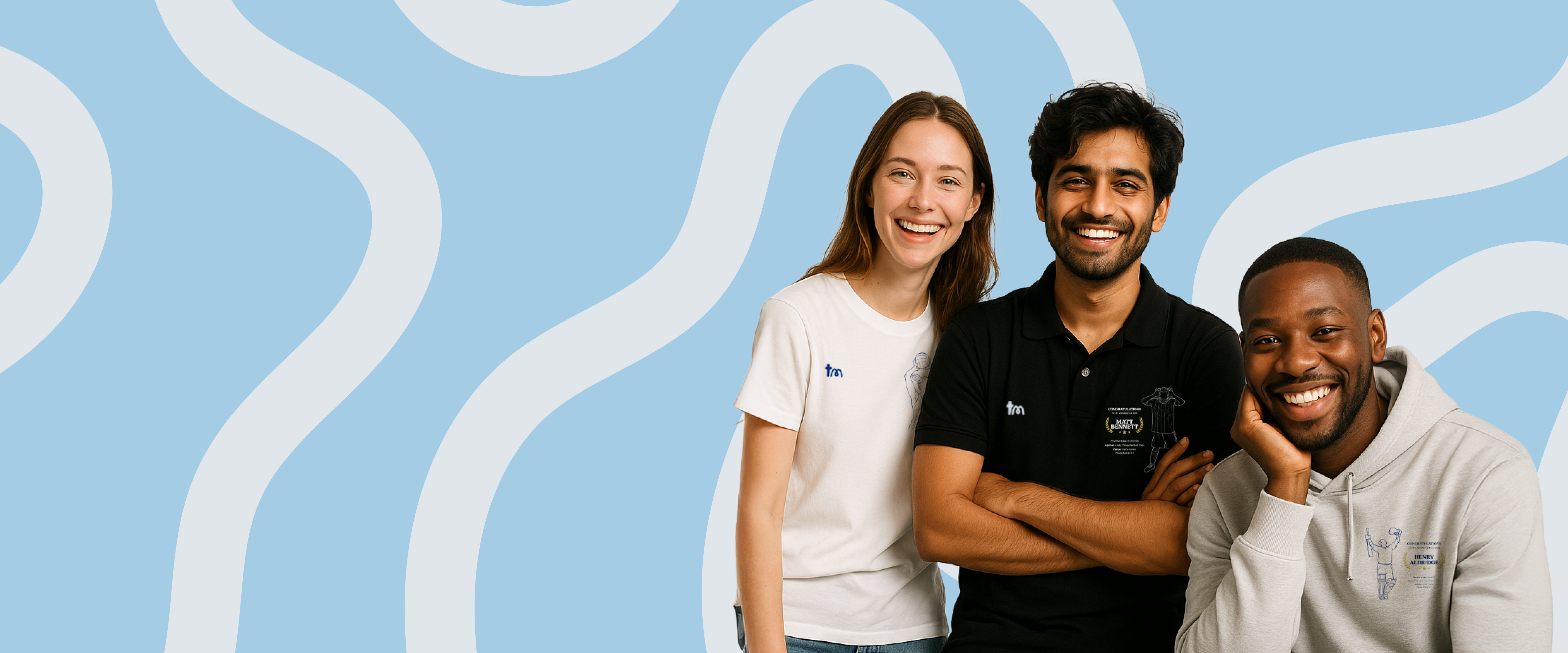 Three people standing together against a blue background with wavy white  celebrated with TeeMemento, showcasing one of the brilliant designslines