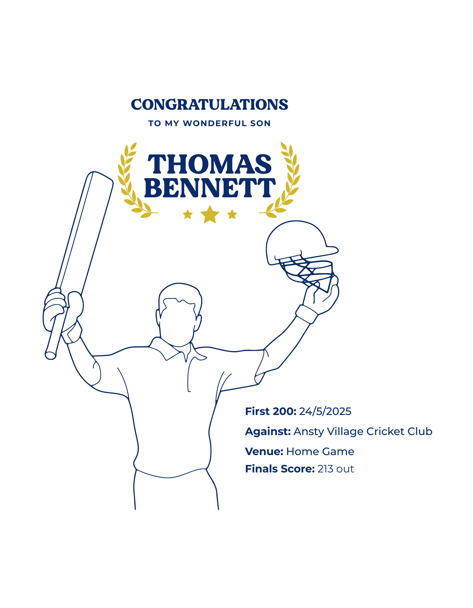 Personalized cricket achievement card with player outline, bat, helmet, and text on a white background - showing the TeeMemento cricket motif and personalisation