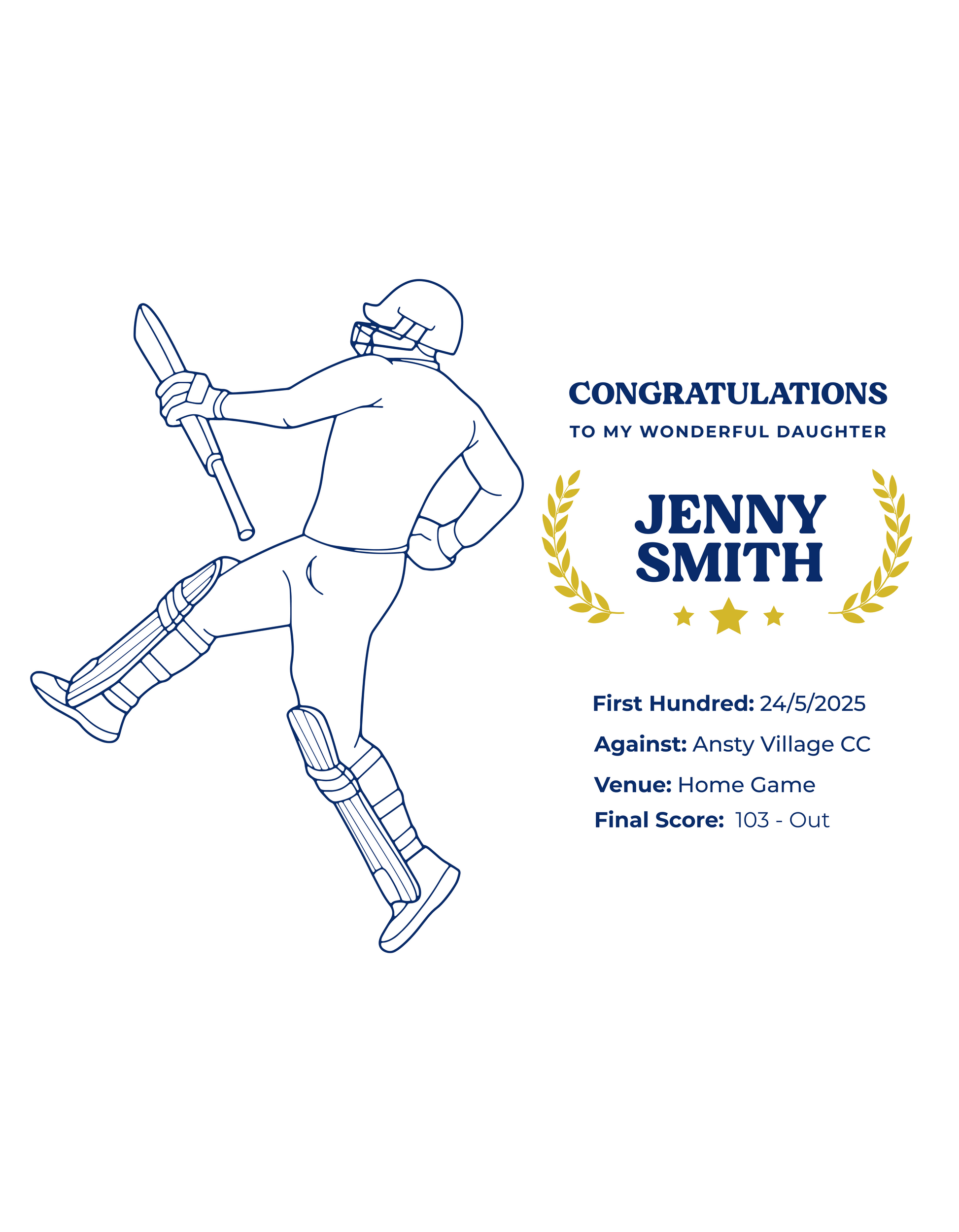 Ceremonial cricket baton with a line drawing of a cricketer, celebratory text, and a laurel wreath on a white background - showing the TeeMemento cricket motif and personalisation