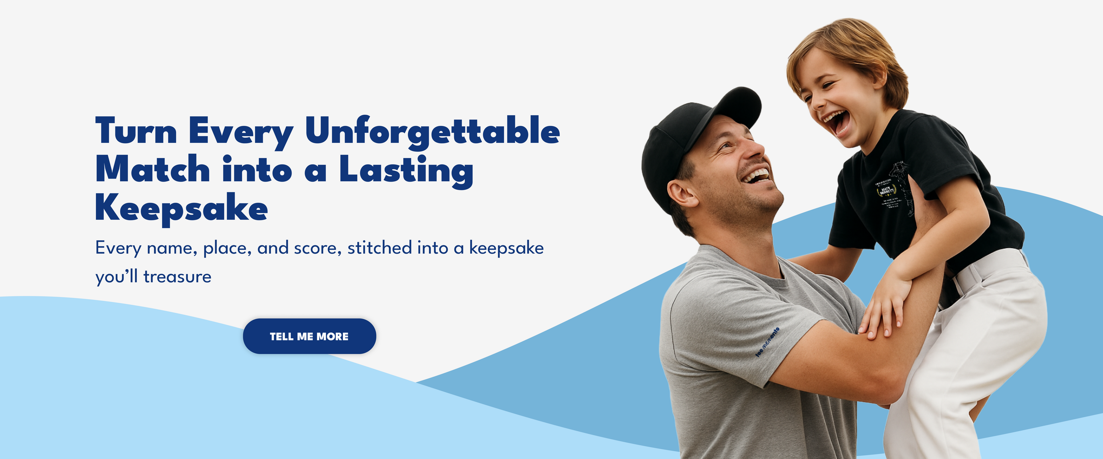 Man holding a child with promotional text about creating keepsakes on a blue and white background celebrated with TeeMemento, showcasing one of the brilliant designs