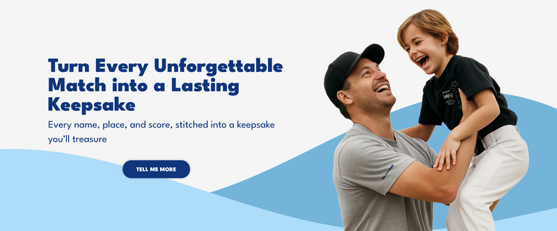 Man holding a child with promotional text about creating keepsakes on a blue and white background celebrated with TeeMemento, showcasing one of the brilliant designs